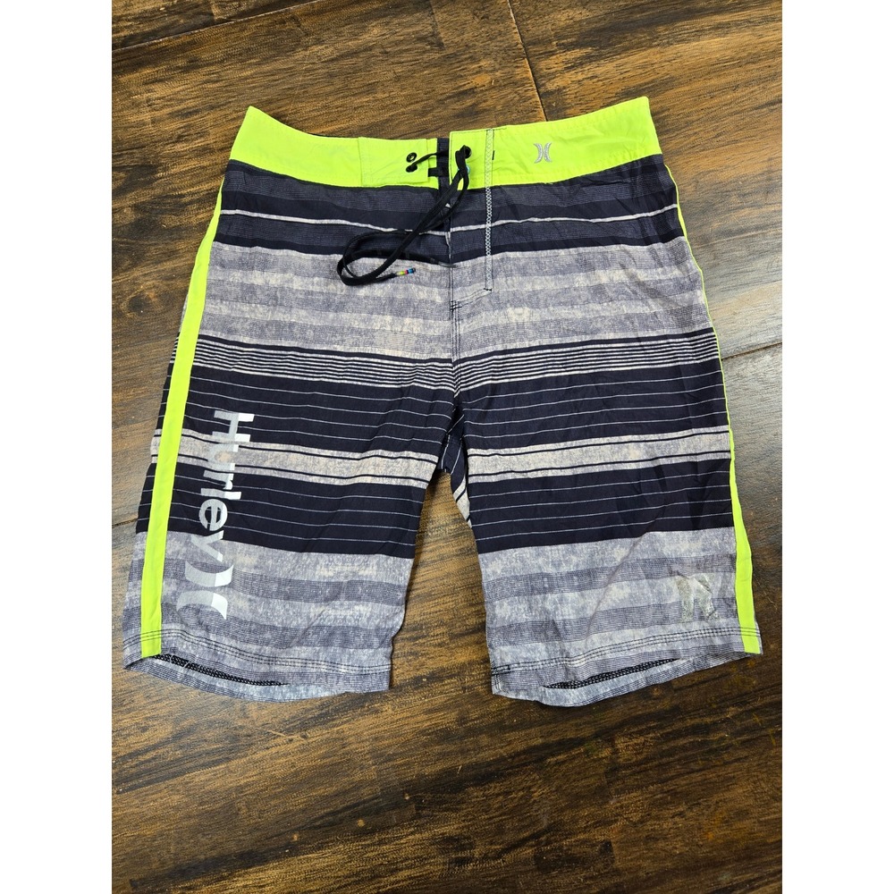 Hurley Mens Board Shorts Striped‎ Neon Yellow Grey Black Swim Trunks Size 30